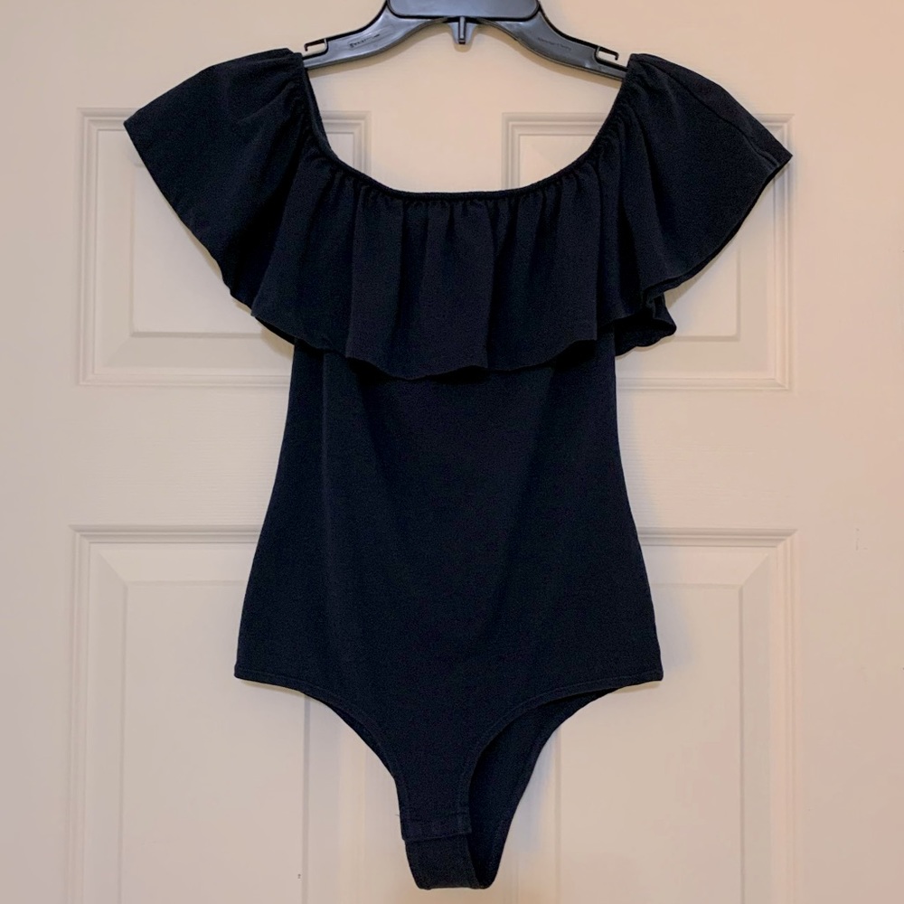Off the shoulder navy ruffle bodysuit